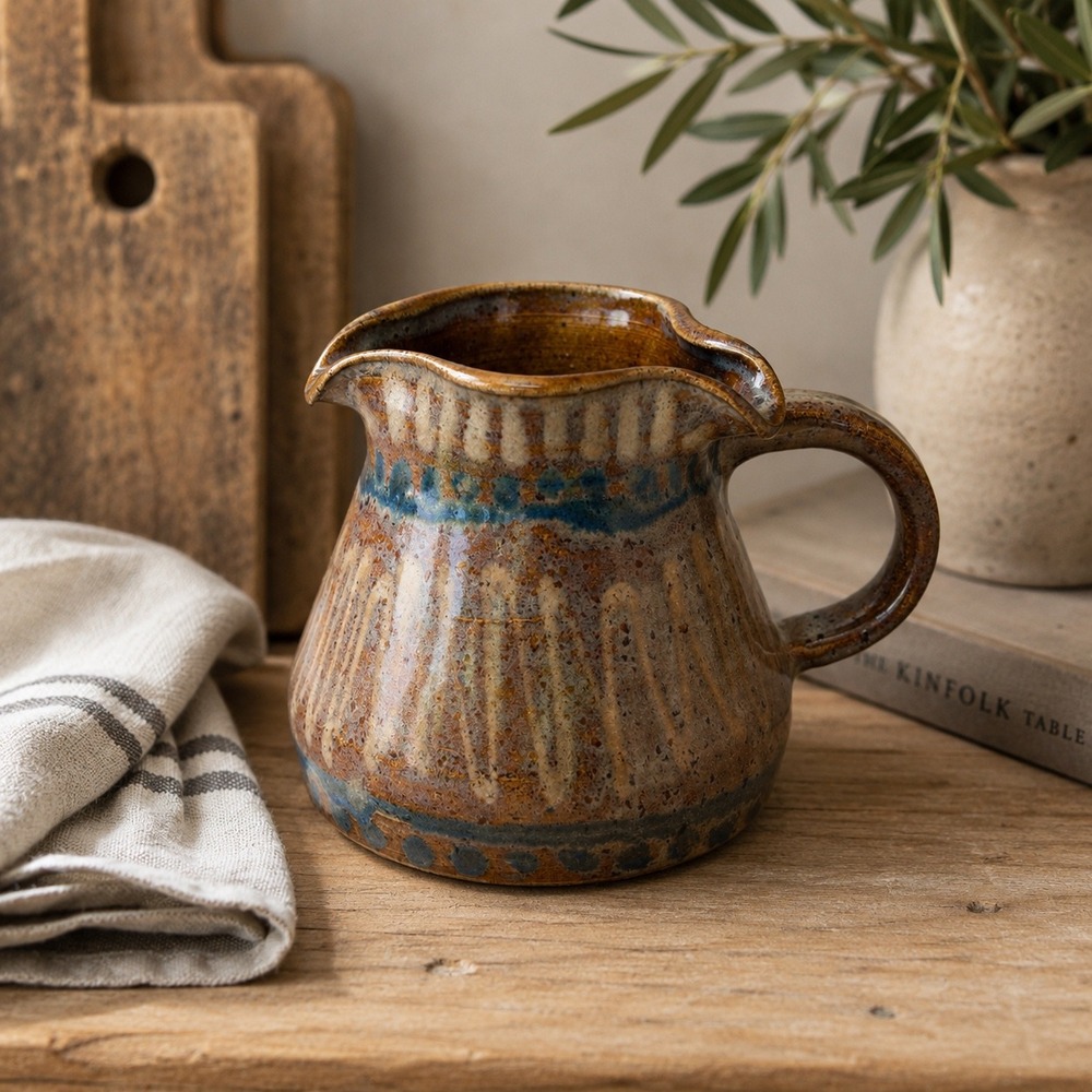 Studio Pottery Pitcher Earthy MCM Stoneware Creamer Artisan Kitchen Decor